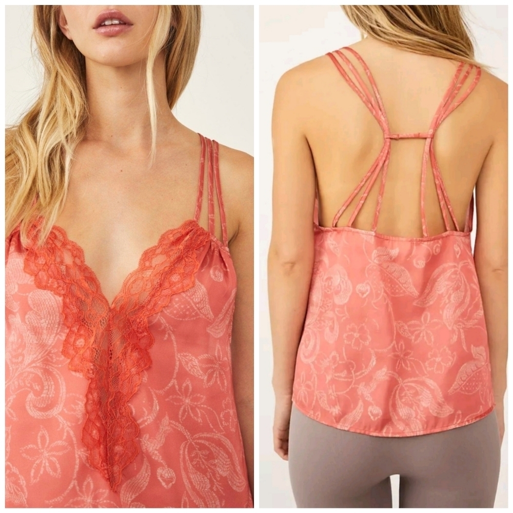 Free People Intimately Off The Coast Lace Floral Coral Cami Size M